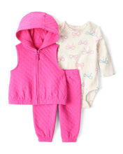 Cargar imagen en el visor de la galería, 3-Piece Bow Print Bodysuit; Vest & Pant Set - Pink