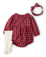 Cargar imagen en el visor de la galería, 3-Piece Plaid Print Long-Sleeve Bodysuit; Headwrap & Tights Set - Red