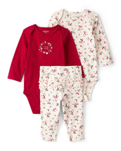 Cargar imagen en el visor de la galería, 3-Piece Floral Merry Cotton Bodysuits & Pant Set - White/Red