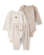 Cargar imagen en el visor de la galería, 3-Piece Bear Print Long-Sleeve Bodysuit & Pant Set - Brown/White