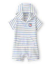 Cargar imagen en el visor de la galería, 'Oh Snap!' Lobster Stripe Short-Sleeve Hooded Romper - Blue/White
