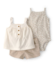Cargar imagen en el visor de la galería, Baby Girl 3-Piece Cheetah Top, Bodysuit & Short Set - Khaki/Ivory