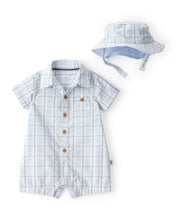 Cargar imagen en el visor de la galería, 2-Piece Plaid Romper & Hat Set - Blue