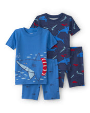 Cargar imagen en el visor de la galería, Shark 100% Cotton Short-Sleeve Snug Fit 4-Piece Pajama Set - Blue