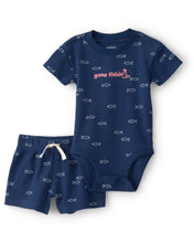 Cargar imagen en el visor de la galería, 2-Piece Fishing Waffle-Knit Bodysuit & Short Set - Blue