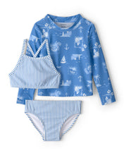 Cargar imagen en el visor de la galería, 3-Piece Sailboat Long-Sleeve Rashguard Swimsuit Set - Blue