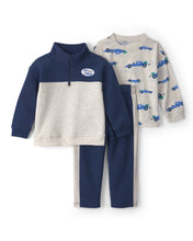 Cargar imagen en el visor de la galería, 3-Piece Color Block Fleece Top & Pant Set - Navy Blue/Grey