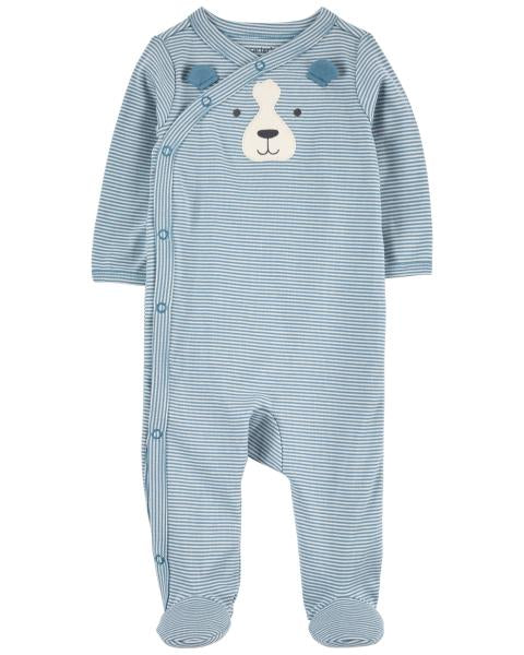 Striped Dog Side-Snap Cotton Sleep & Play Pajamas