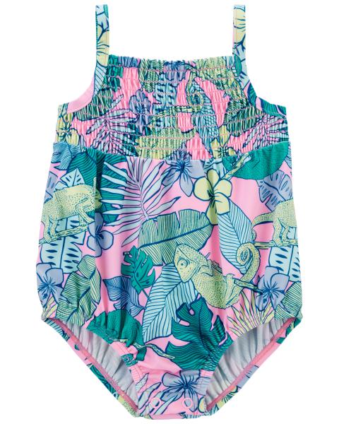 Tropical Iguana Smocked 1-Piece Swimsuit