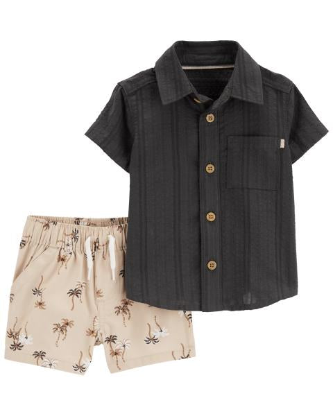 2-Piece Button-Front Shirt & Palm Tree Short Set