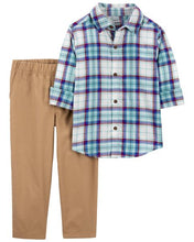 Cargar imagen en el visor de la galería, 2-Piece Plaid Button-Front Shirt &amp; Canvas Pant Set
