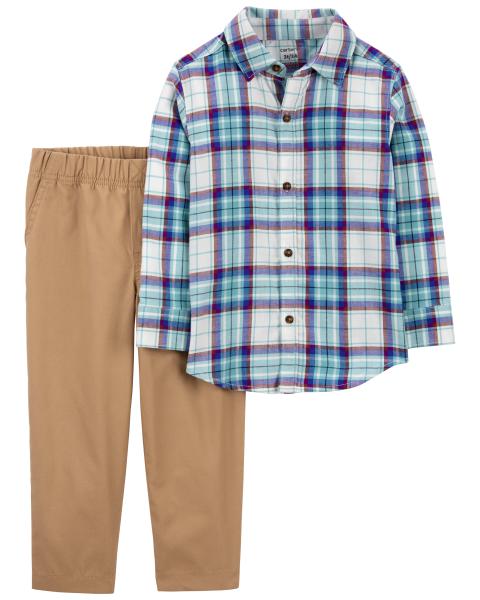 2-Piece Plaid Button-Front Shirt & Canvas Pant Set