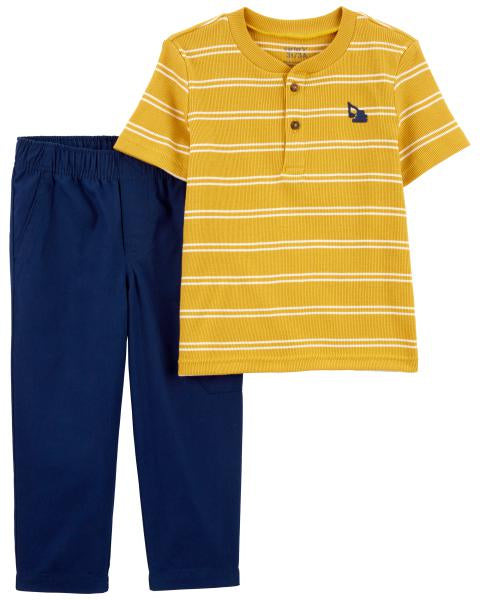 2-Piece Striped Henley Tee & Canvas Pant Set