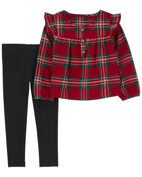 2-Piece Holiday Flannel Top & Stretch Legging Set