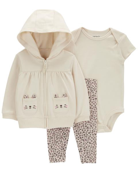 Cream 3-Piece Cat Print Little Jacket Set