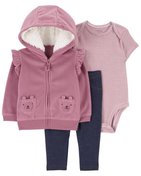 Kitten Pink 3-Piece Fleece Cardigan Set