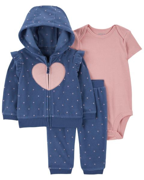 Navy Heart 3-Piece Fleece Cardigan Set