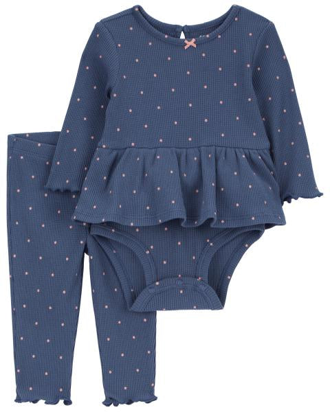 2-Piece Polka Dot Peplum Bodysuit Pant Set