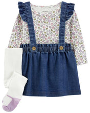 Cargar imagen en el visor de la galería, 3-Piece Floral Long-Sleeve Bodysuit &amp; Chambray Jumper Set
