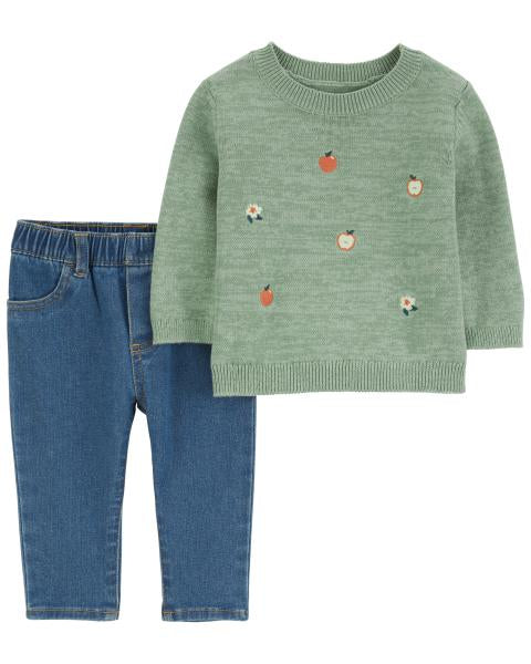 2-Piece Apple Sweater & Denim Pant Set