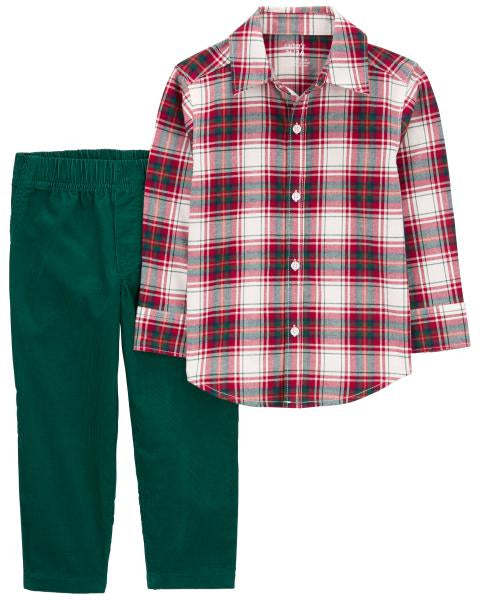 2-Piece Plaid Button-Down Shirt & Pull-On Corduroy Pant Set