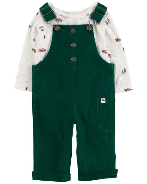 2-Piece Holiday Thermal Tee & Corduroy Overalls Set