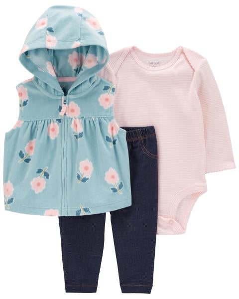 3-Piece Floral Fleece Little Vest Set