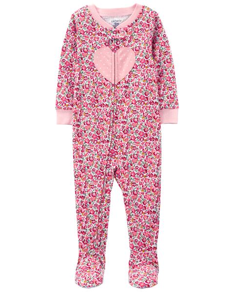 1-Piece Heart Floral Fleece Footie Pajamas