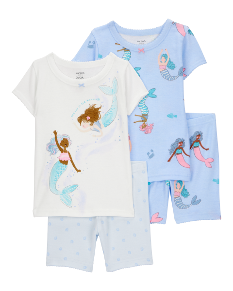 Mermaid Print Snug Fit Cotton 4-Piece Pajamas
