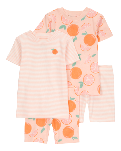 Orange Print Snug Fit Cotton 4-Piece Pajamas