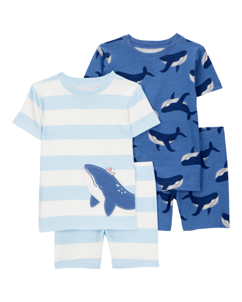 Whale Striped Snug Fit Cotton 4-Piece Pajamas