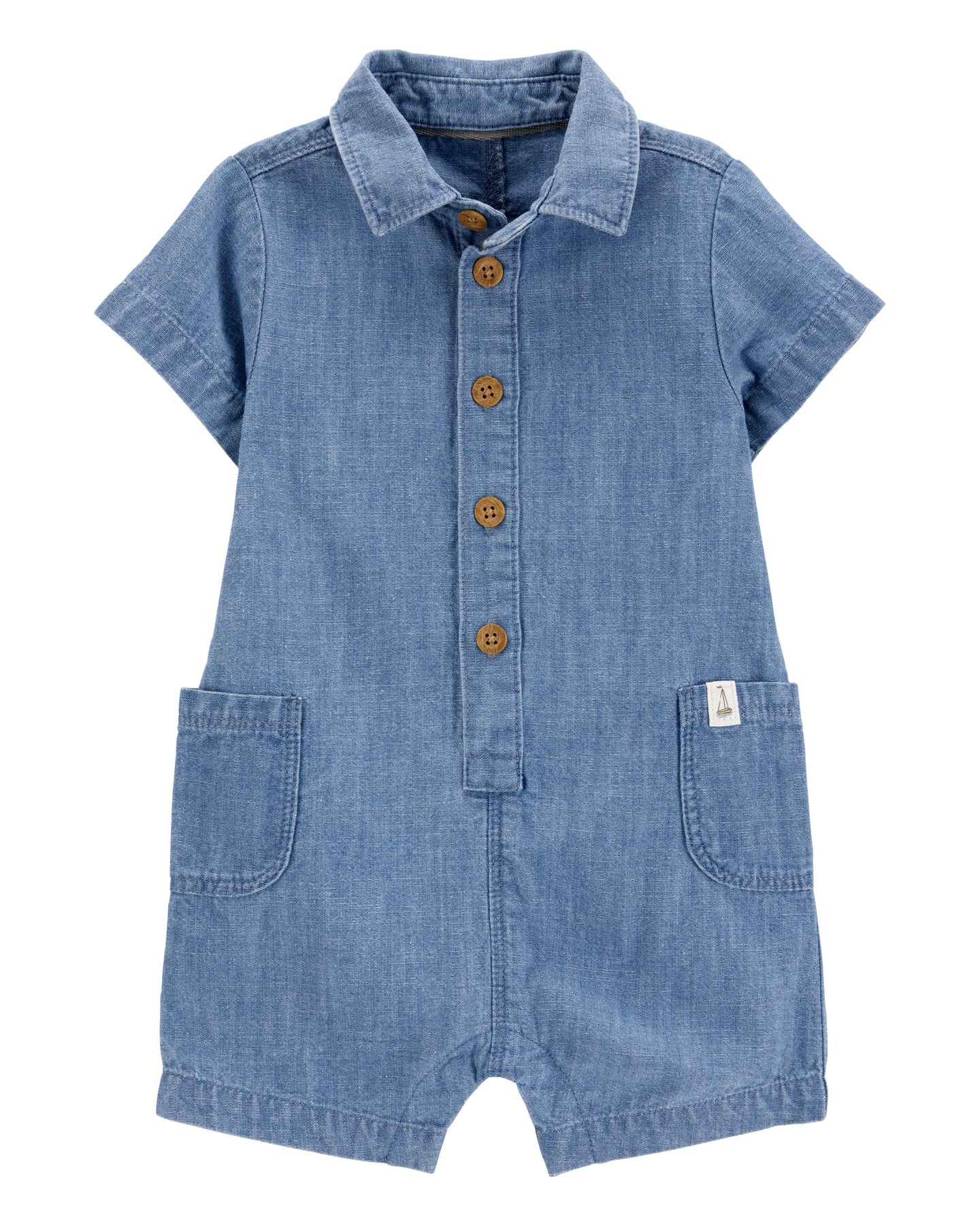 Solid Cotton Blend Romper - Blue