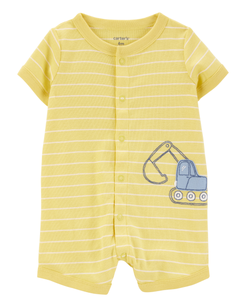 Construction Striped Cotton Short-Sleeve Romper - Yellow