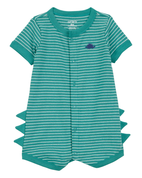 Dinosaur Striped Cotton Short-Sleeve Romper - Green