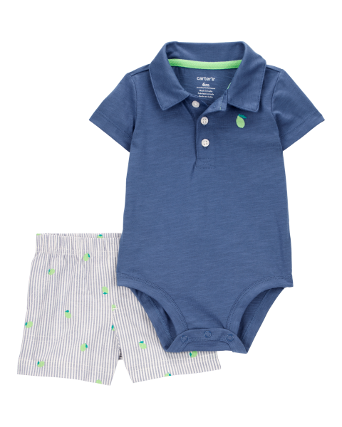 2-Piece Polo Bodysuit & Striped Short Ser