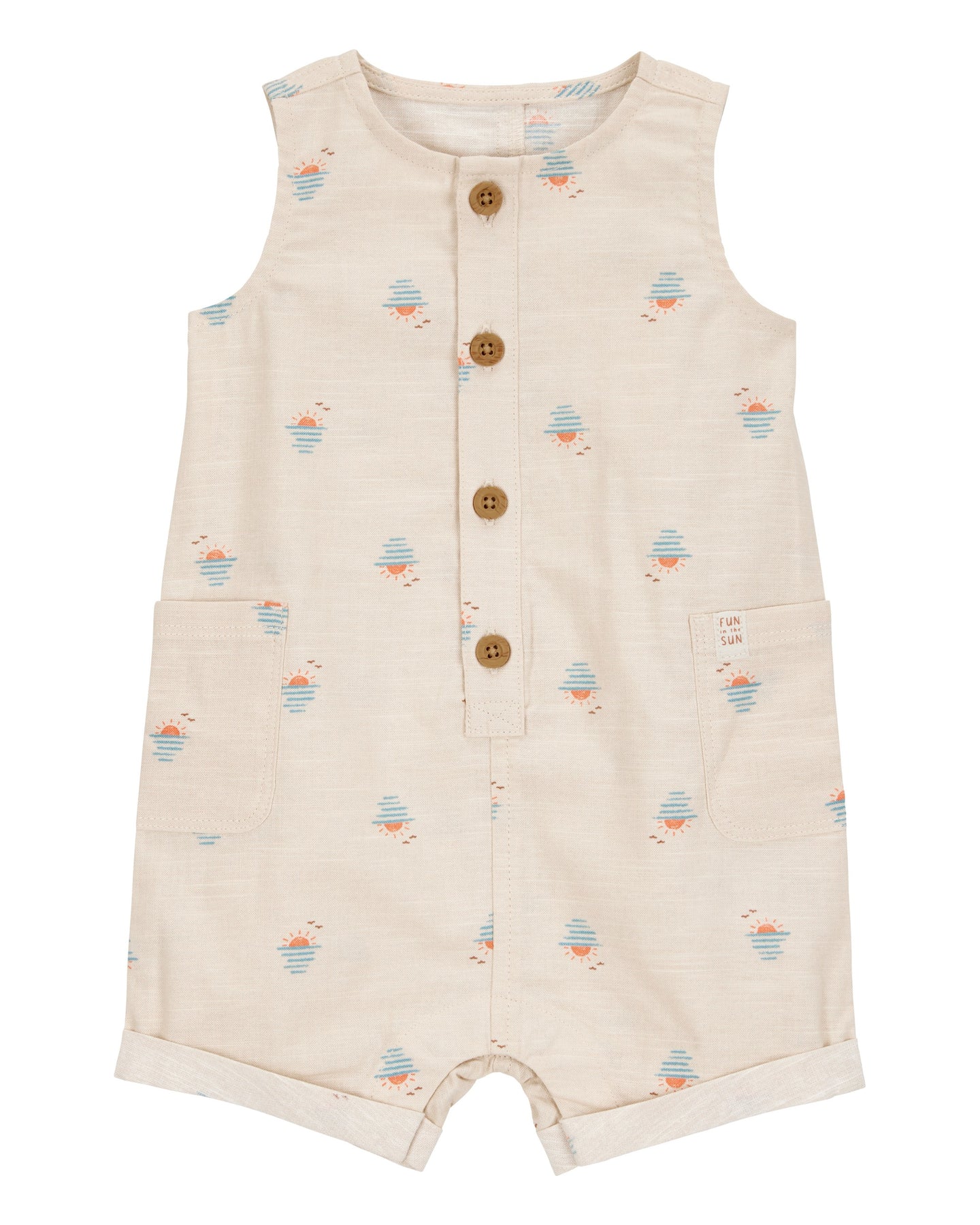 Button-Front Sunset Print Sleeveless Romper