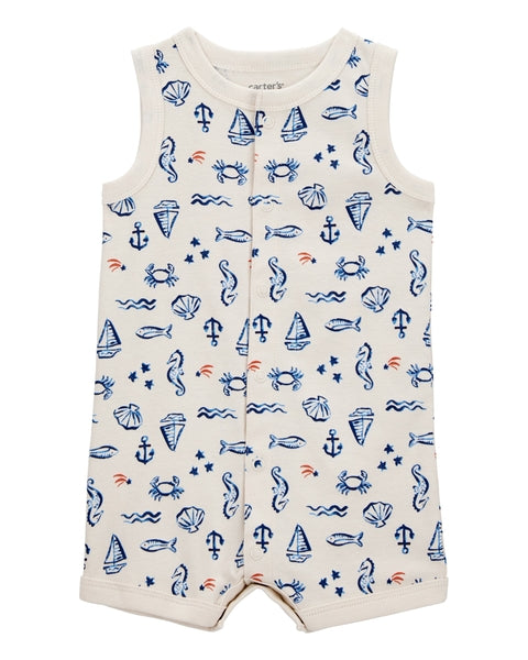 Sea Print Snap-Up Cotton Romper