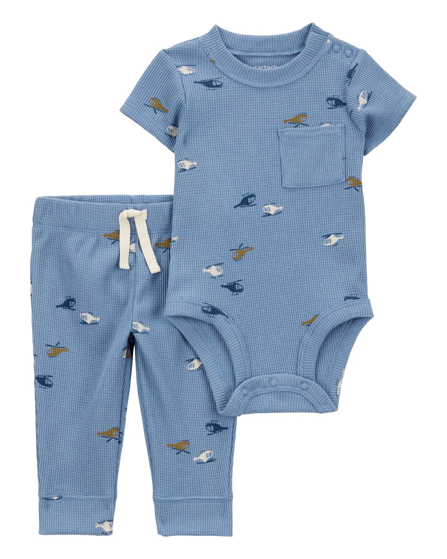 2-Piece Waffle Knit Bodysuit Pant Set - Blue