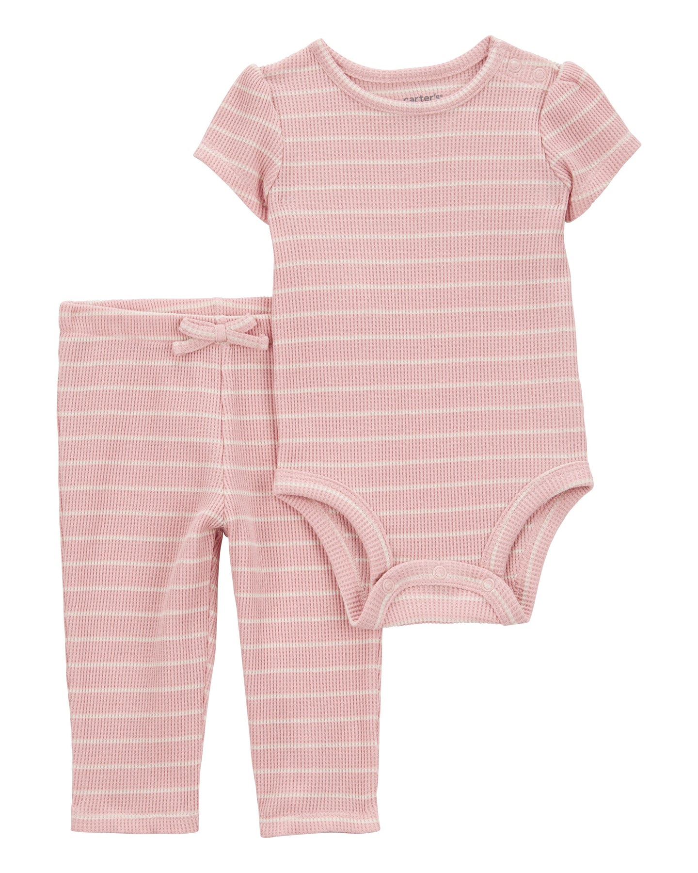 2-Piece Striped Short-Sleeve Waffle Knit Bodysuit Pant Set