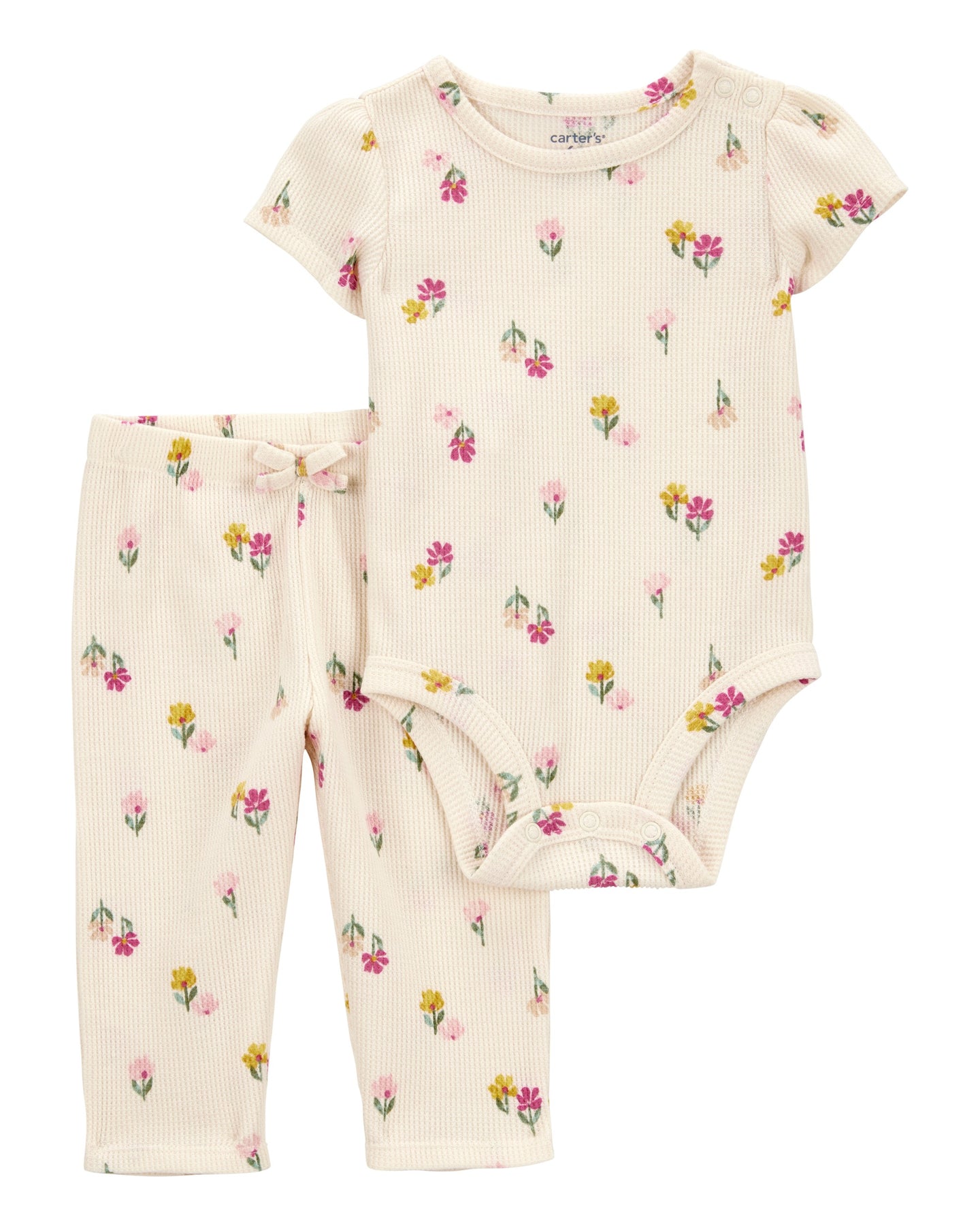 2-Piece Floral Short-Sleeve Waffle Knit Bodysuit Pant Set - Ivory