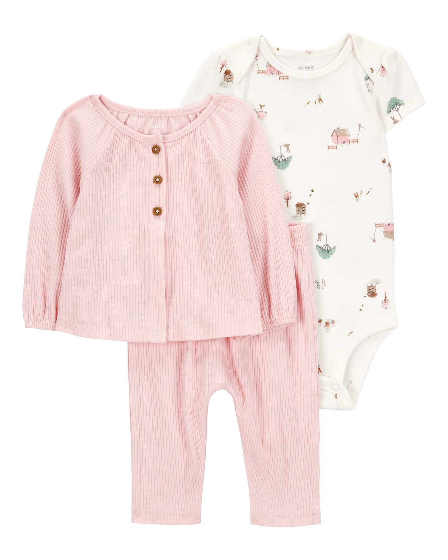 3-Piece Barn Print Little Cardigan Set - Pink/White