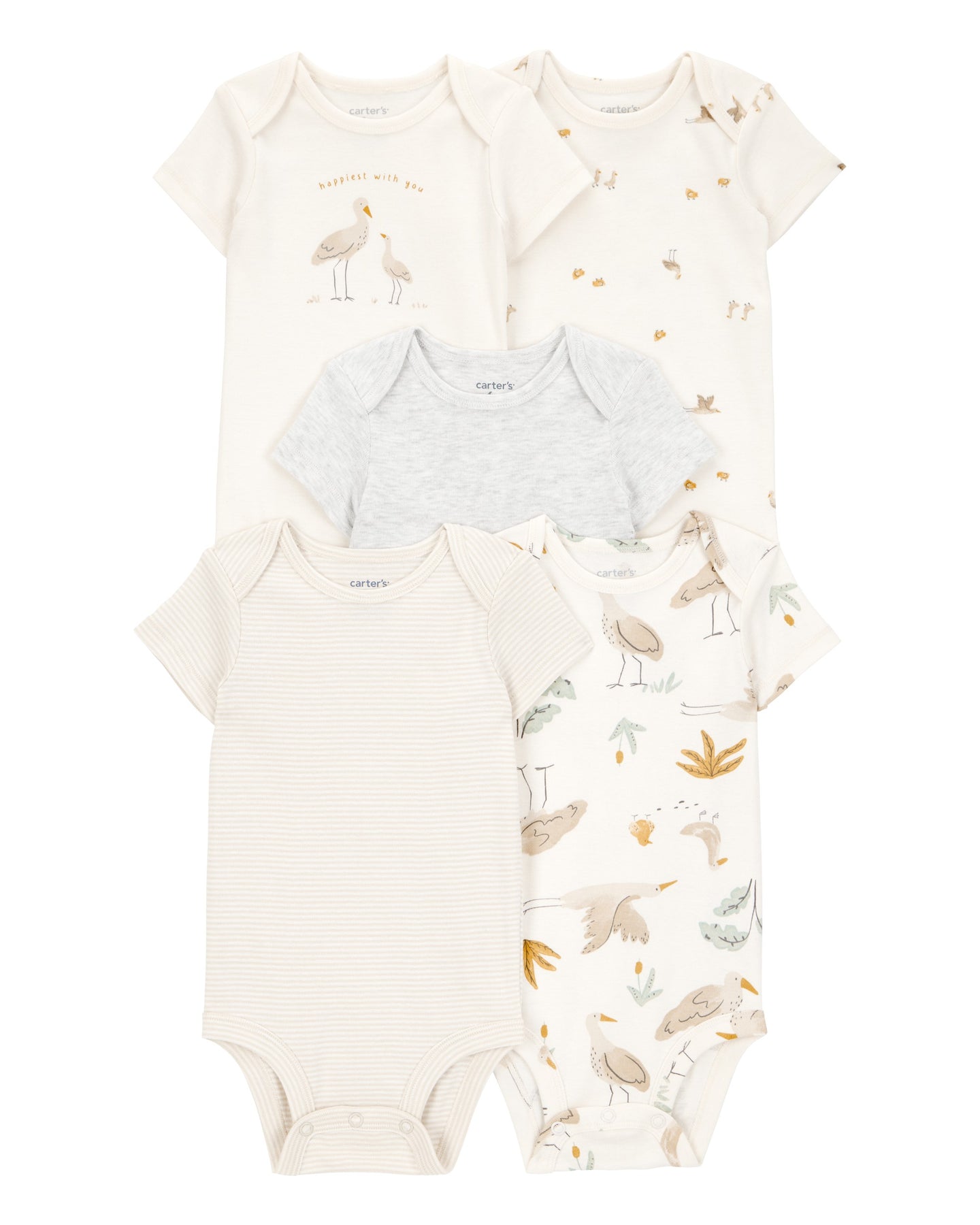 5-Pack Striped Birds Short-Sleeve Cotton Bodysuits - Ivory