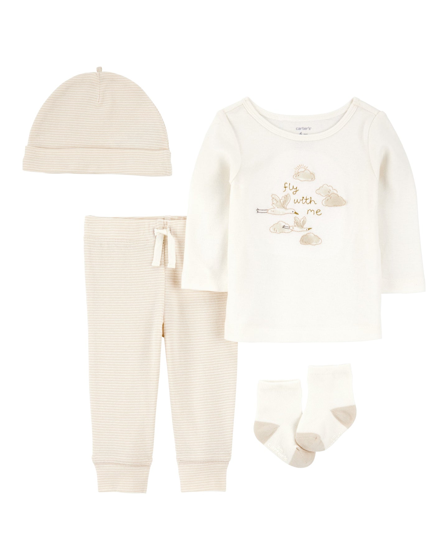 4-Piece Cloud Print Outfit Set - White/Tan