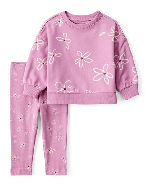 Floral Long-Sleeve Cotton Tee & Pant Set - Purple