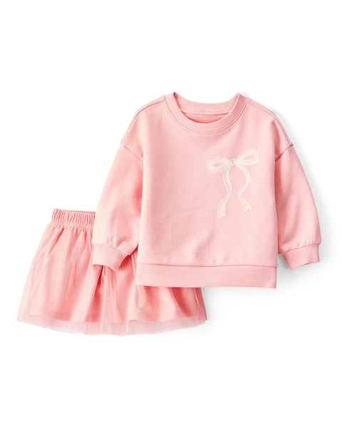 Bow French Terry Long-Sleeve Top & Skirt Set - Pink