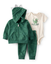 Cargar imagen en el visor de la galería, 3-Piece &quot;Little Guy Big Roar&quot; Dinosaur Jacket Outfit Set - Green/Ivory
