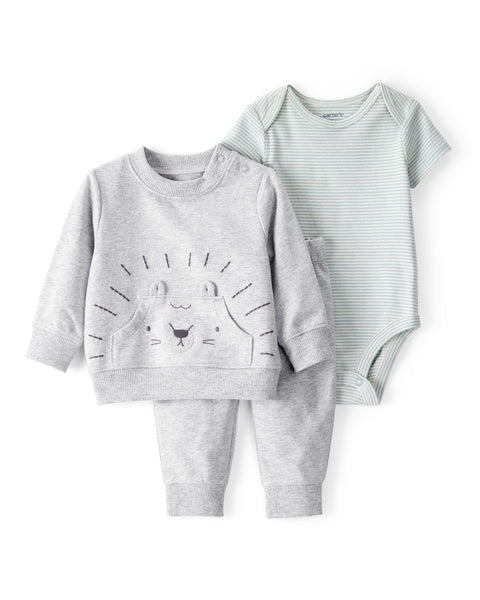 3-Piece Lion Little Pullover Set - Grey/Green