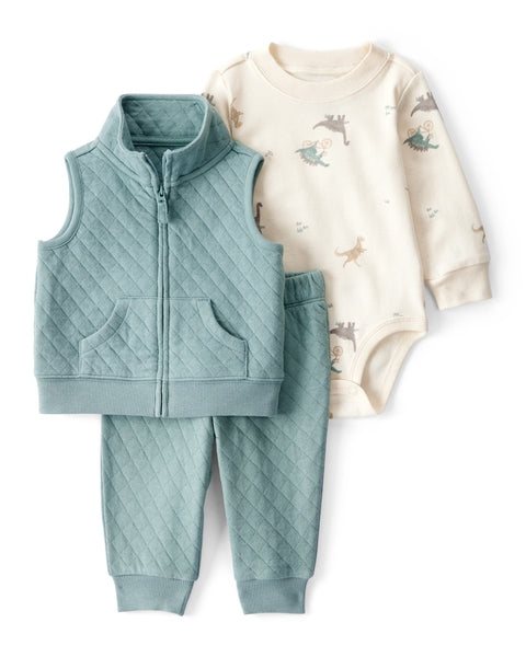 3-Piece Quilted Dinosaur Little Vest Set - Green/Ivory