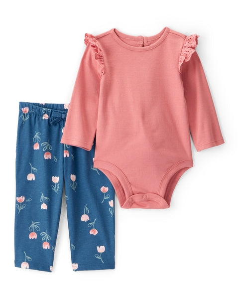 2-Piece Long-Sleeve Floral Long-Sleeve Bodysuit Pant Set - Pink/Blue