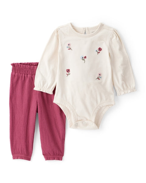 2-Piece Floral Long-Sleeve Bodysuit Pant Set - White/Pink